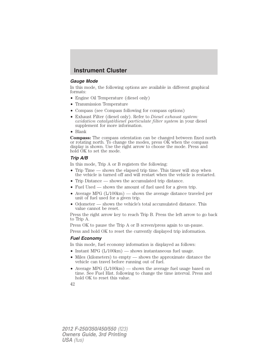 Gauge mode, Trip a/b, Fuel economy | Instrument cluster | FORD 2012 F-550 v.3 User Manual | Page 42 / 450