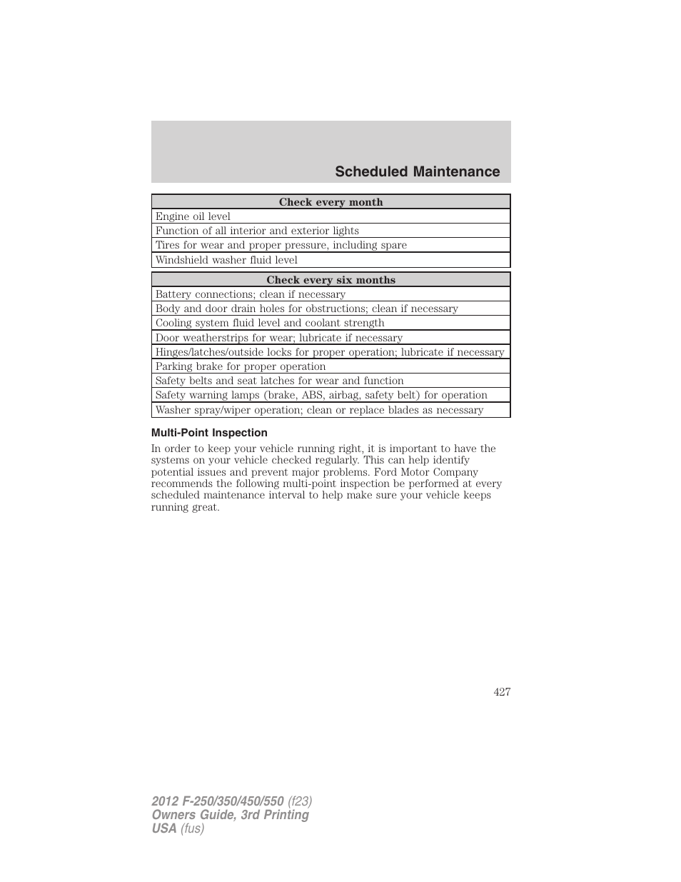 Multi-point inspection, Scheduled maintenance | FORD 2012 F-550 v.3 User Manual | Page 427 / 450