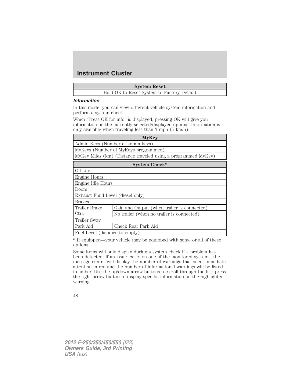 Information, Instrument cluster | FORD 2012 F-550 v.3 User Manual | Page 48 / 450