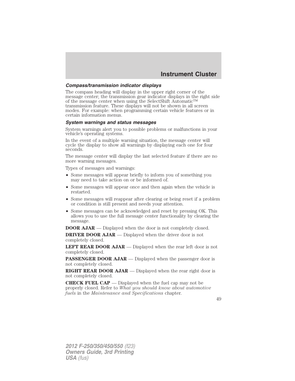 Compass/transmission indicator displays, System warnings and status messages, Instrument cluster | FORD 2012 F-550 v.3 User Manual | Page 49 / 450