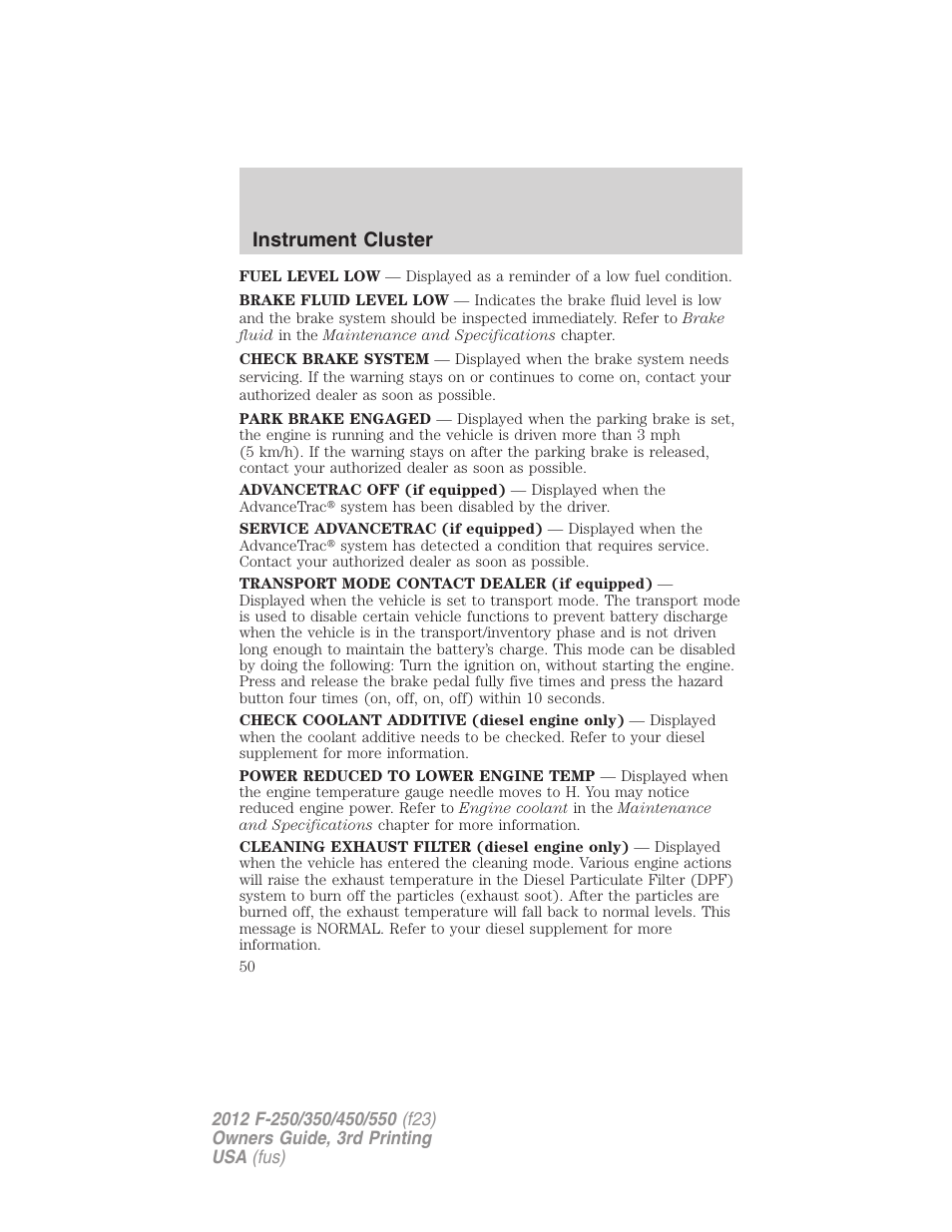 Instrument cluster | FORD 2012 F-550 v.3 User Manual | Page 50 / 450