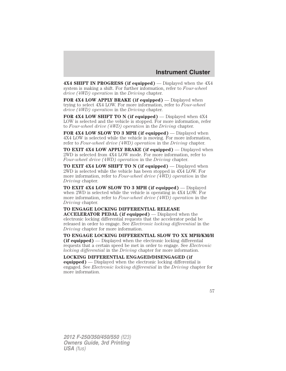 Instrument cluster | FORD 2012 F-550 v.3 User Manual | Page 57 / 450