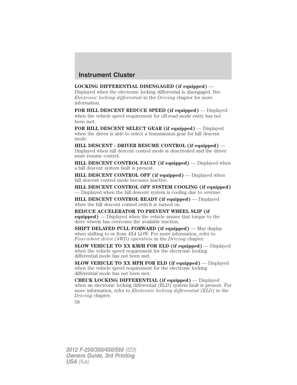 Instrument cluster | FORD 2012 F-550 v.3 User Manual | Page 58 / 450