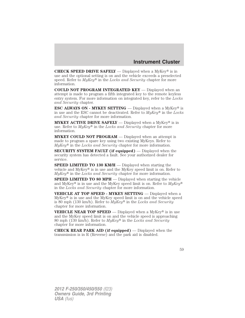 Instrument cluster | FORD 2012 F-550 v.3 User Manual | Page 59 / 450