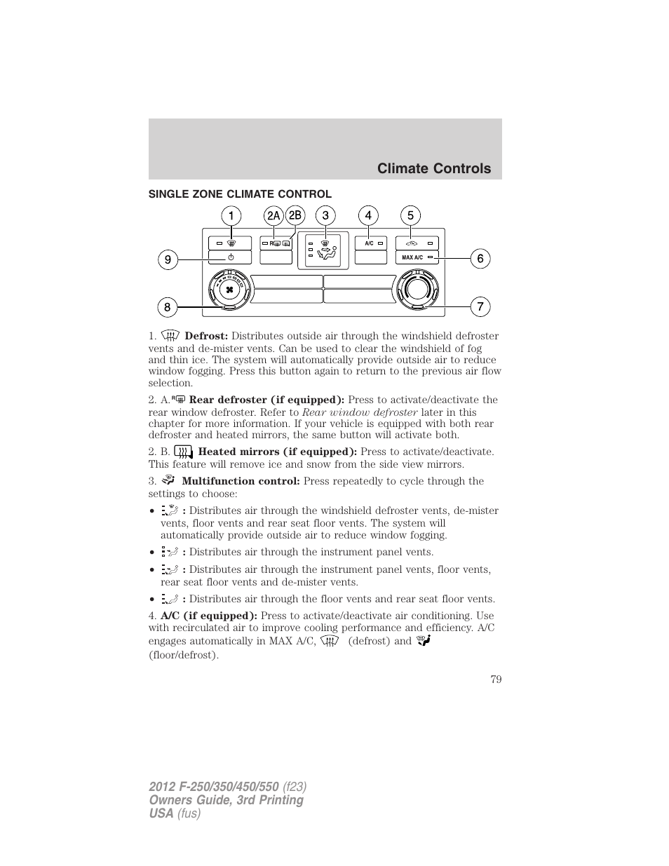 Climate controls, Single zone climate control, Manual heating and air conditioning | FORD 2012 F-550 v.3 User Manual | Page 79 / 450