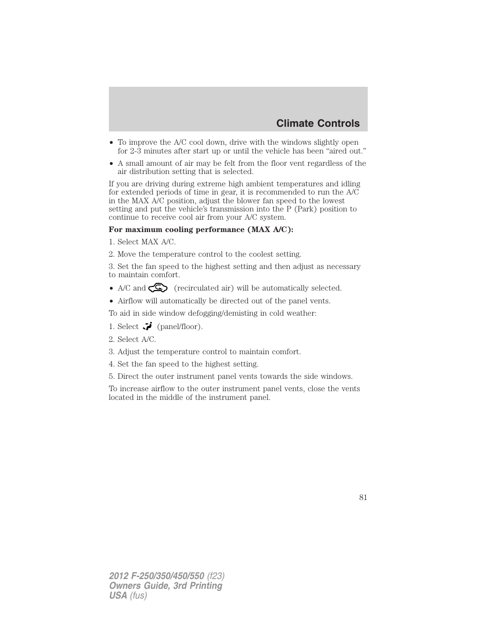 Climate controls | FORD 2012 F-550 v.3 User Manual | Page 81 / 450