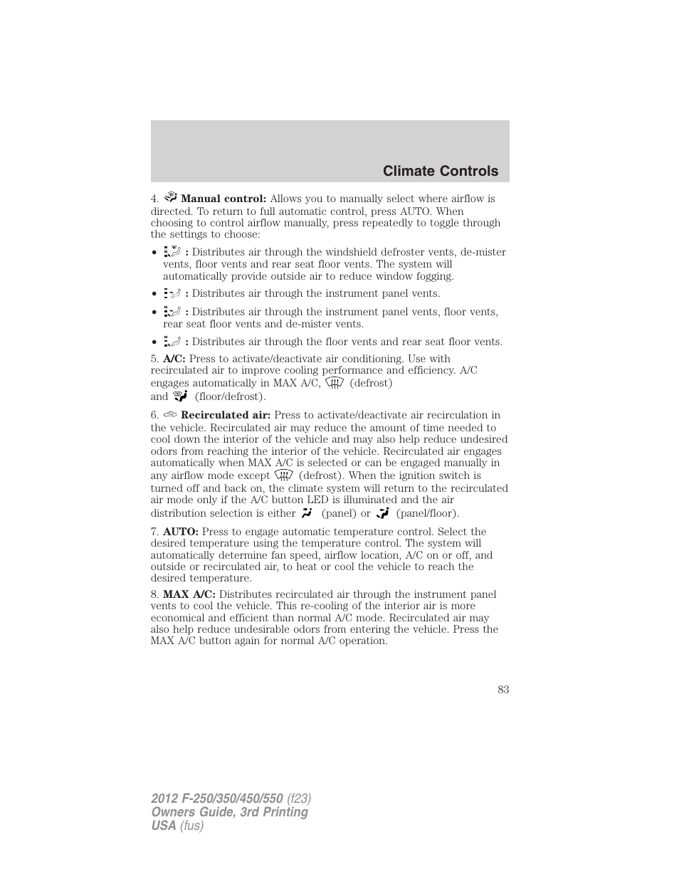 Climate controls | FORD 2012 F-550 v.3 User Manual | Page 83 / 450