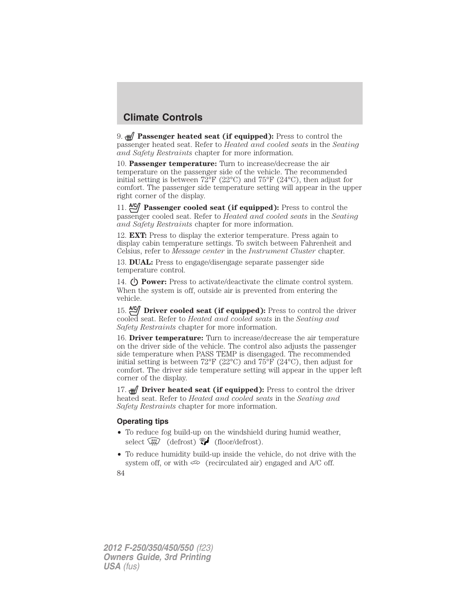 Operating tips, Climate controls | FORD 2012 F-550 v.3 User Manual | Page 84 / 450