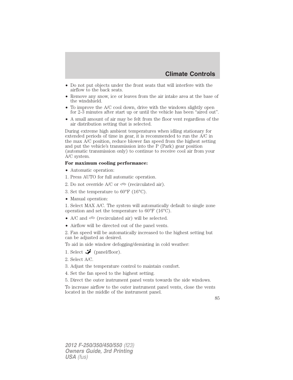 Climate controls | FORD 2012 F-550 v.3 User Manual | Page 85 / 450