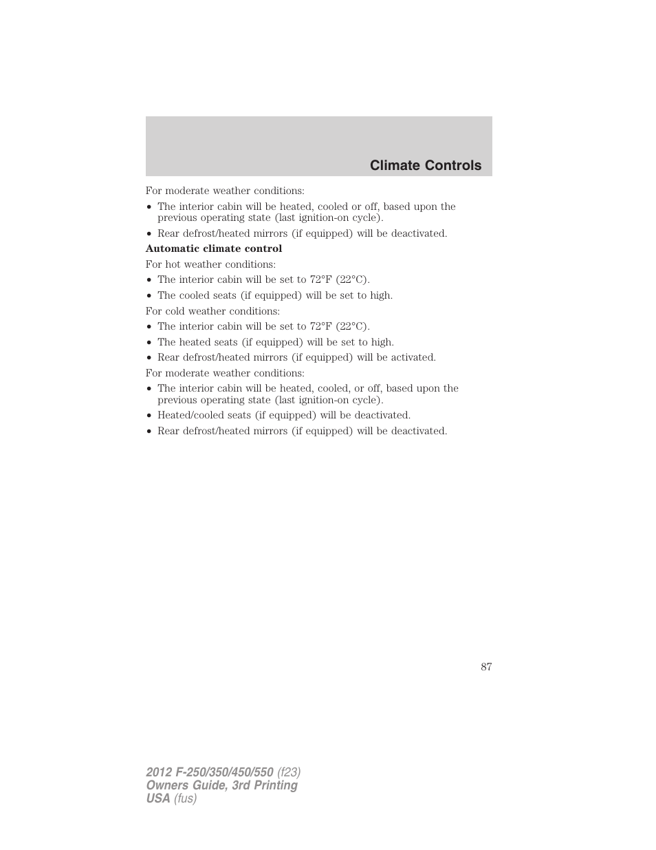 Climate controls | FORD 2012 F-550 v.3 User Manual | Page 87 / 450