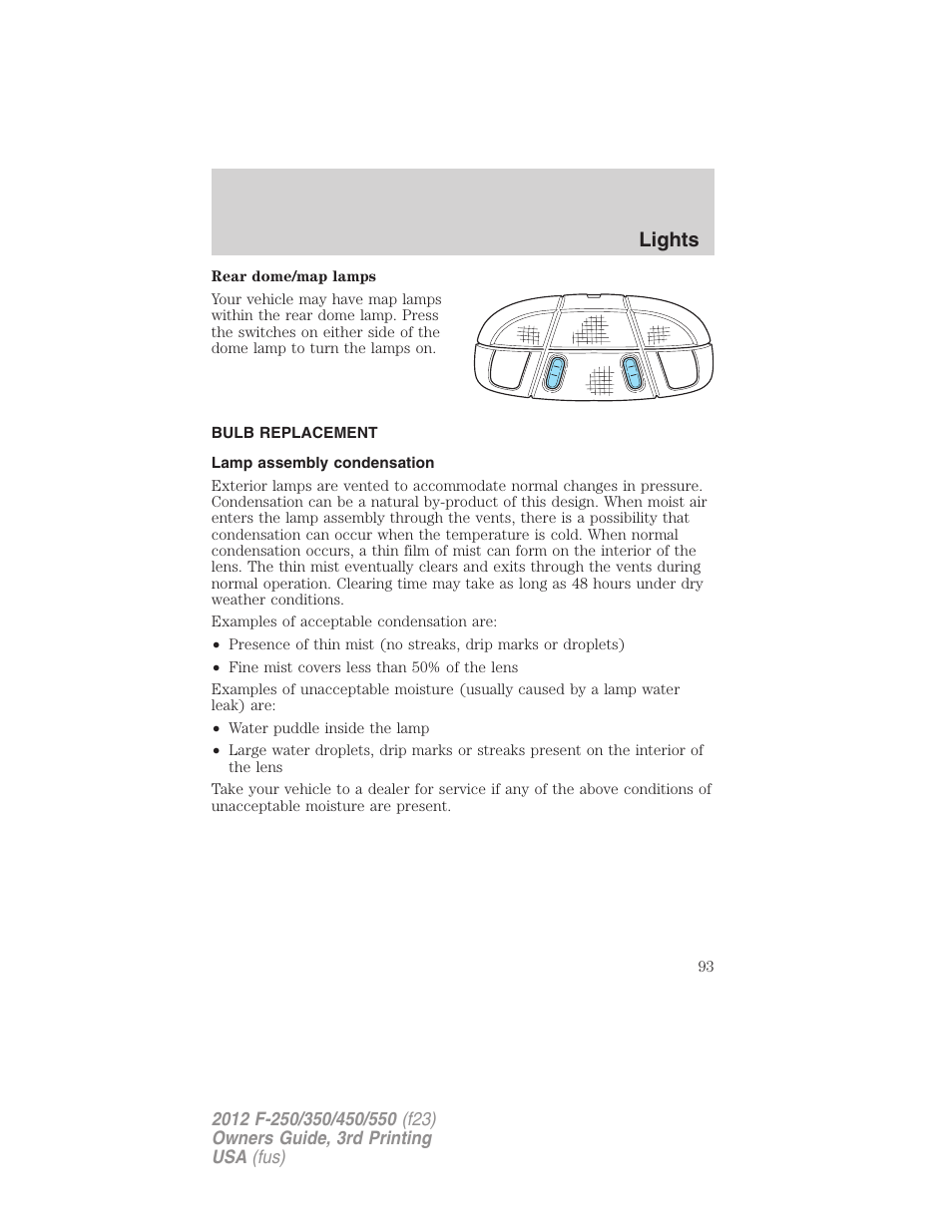 Bulb replacement, Lamp assembly condensation, Lights | FORD 2012 F-550 v.3 User Manual | Page 93 / 450