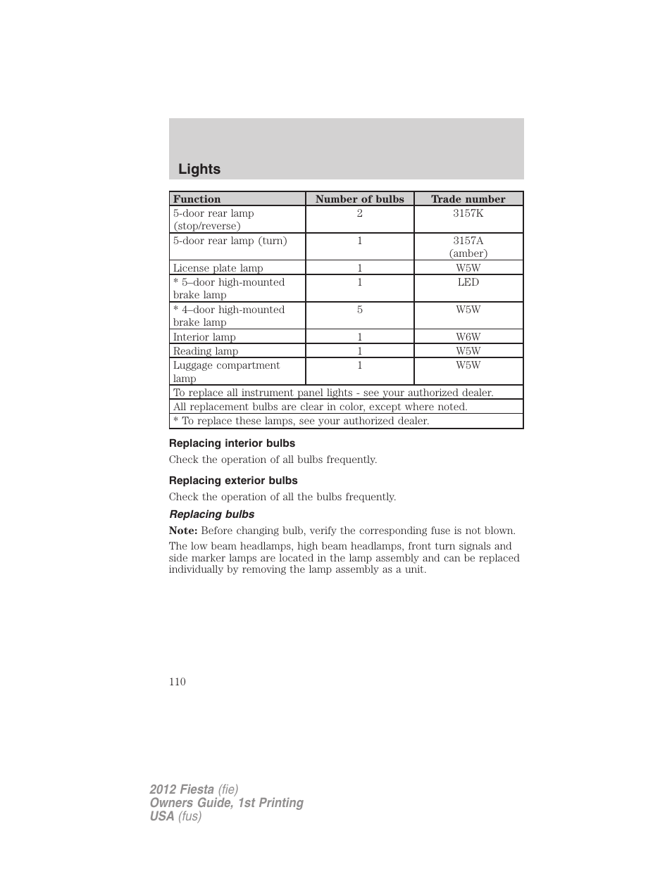 Replacing interior bulbs, Replacing exterior bulbs, Replacing bulbs | Lights | FORD 2012 Fiesta v.1 User Manual | Page 110 / 356