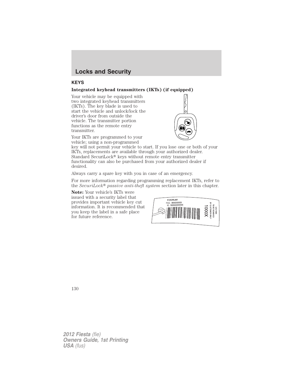 Locks and security, Keys | FORD 2012 Fiesta v.1 User Manual | Page 130 / 356