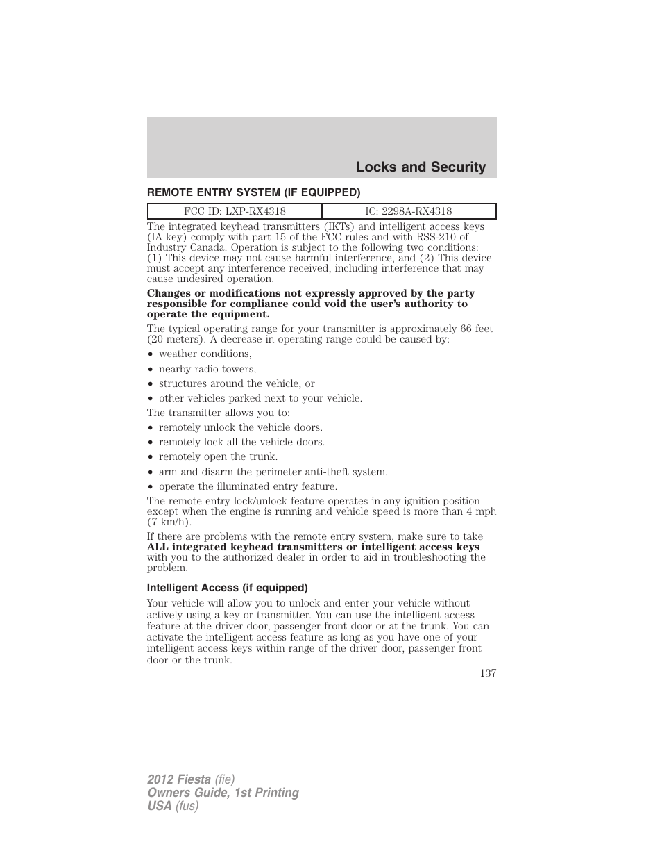 Remote entry system (if equipped), Intelligent access (if equipped), Locks and security | FORD 2012 Fiesta v.1 User Manual | Page 137 / 356