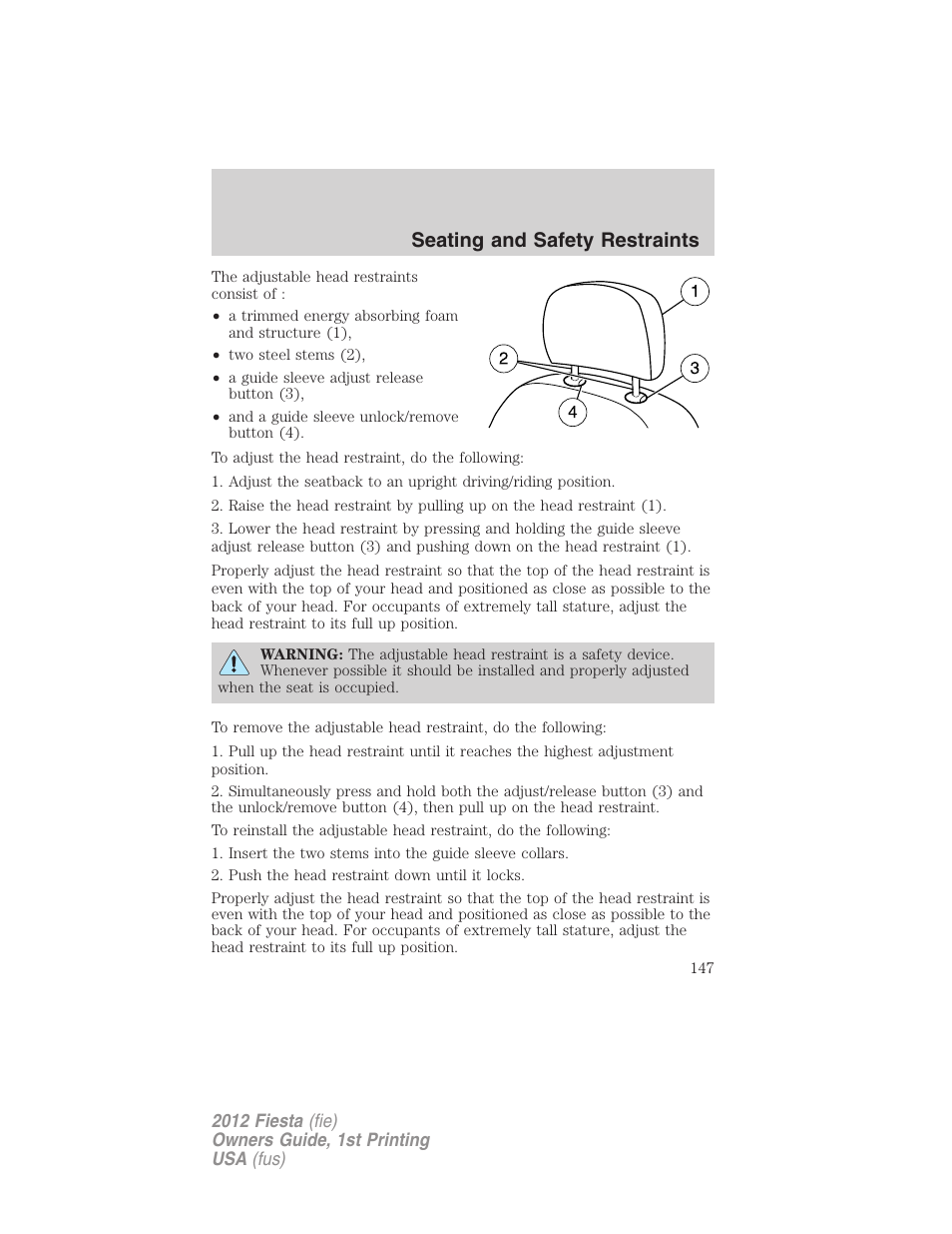 Seating and safety restraints | FORD 2012 Fiesta v.1 User Manual | Page 147 / 356