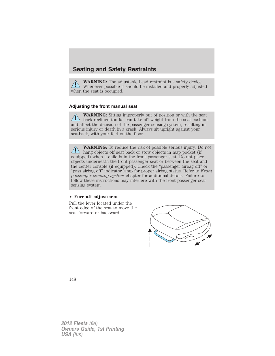 Adjusting the front manual seat, Seating and safety restraints | FORD 2012 Fiesta v.1 User Manual | Page 148 / 356