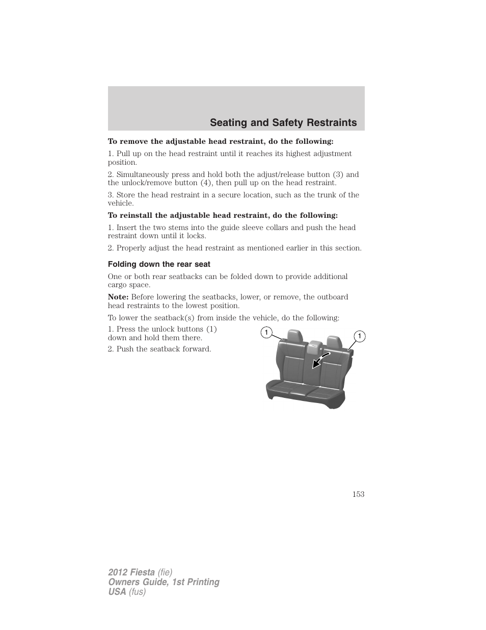 Folding down the rear seat, Seating and safety restraints | FORD 2012 Fiesta v.1 User Manual | Page 153 / 356