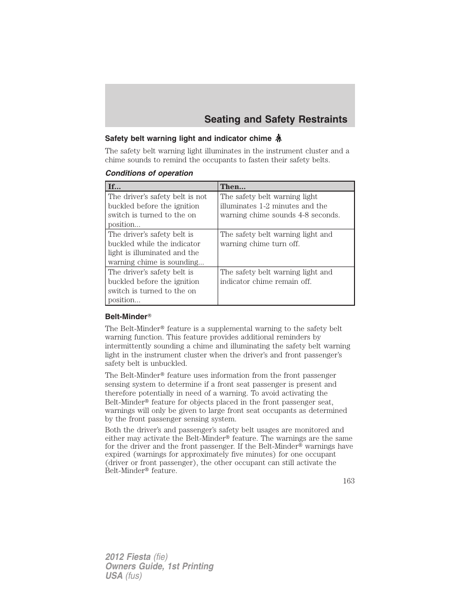 Safety belt warning light and indicator chime, Conditions of operation, Belt-minder | Seating and safety restraints | FORD 2012 Fiesta v.1 User Manual | Page 163 / 356