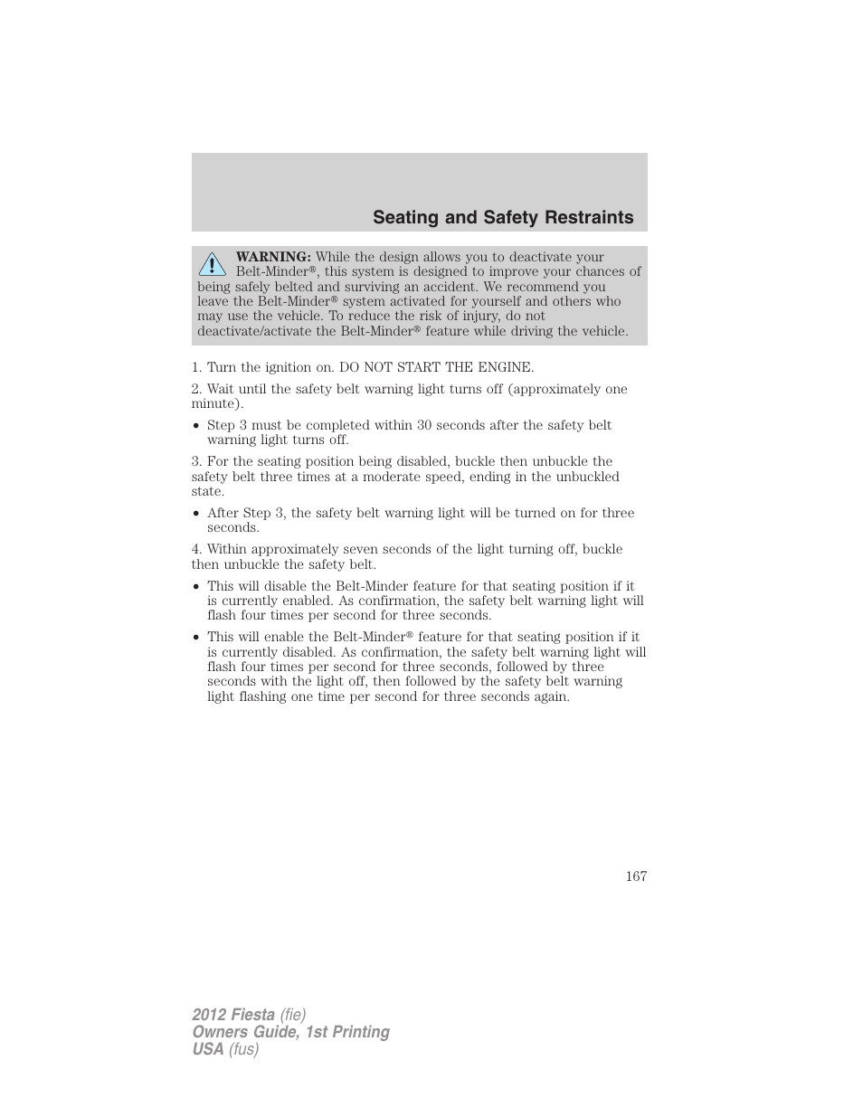 Seating and safety restraints | FORD 2012 Fiesta v.1 User Manual | Page 167 / 356
