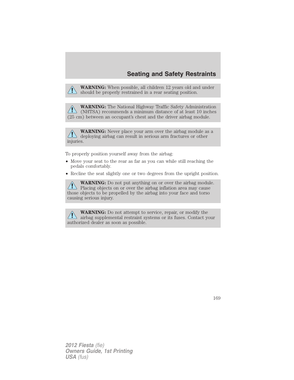 Seating and safety restraints | FORD 2012 Fiesta v.1 User Manual | Page 169 / 356
