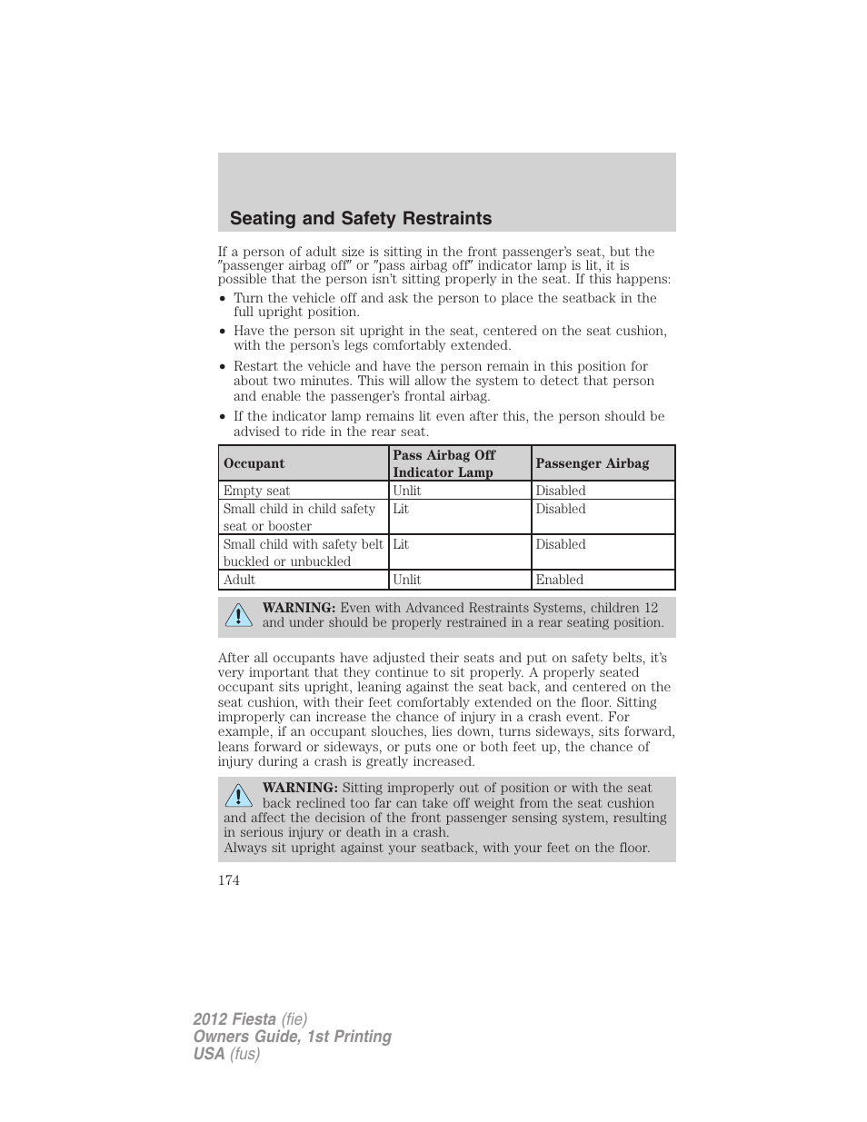 Seating and safety restraints | FORD 2012 Fiesta v.1 User Manual | Page 174 / 356