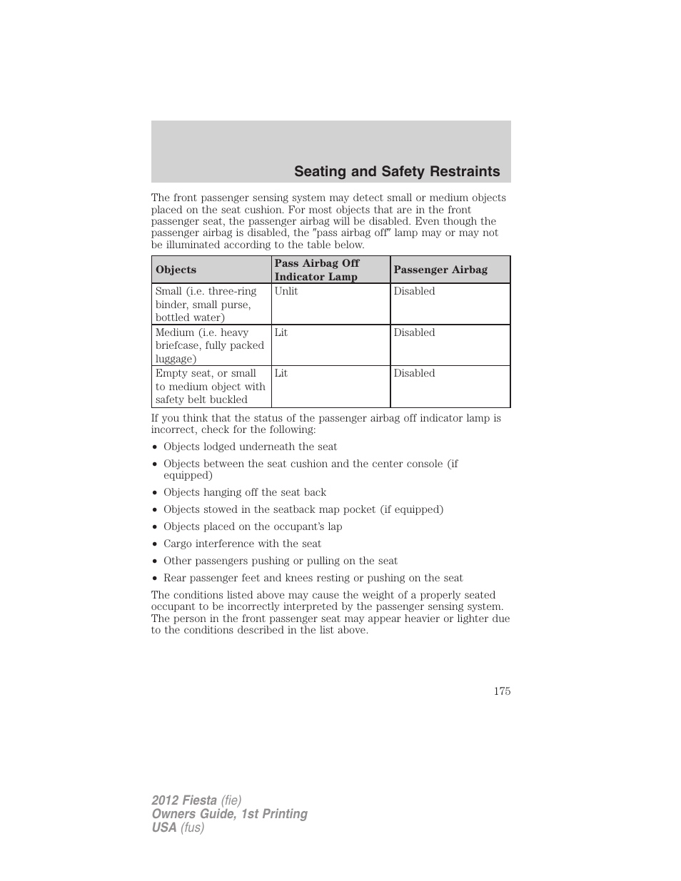 Seating and safety restraints | FORD 2012 Fiesta v.1 User Manual | Page 175 / 356