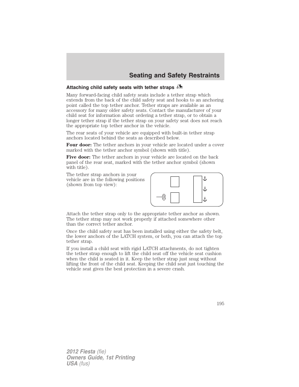 Attaching child safety seats with tether straps, Seating and safety restraints | FORD 2012 Fiesta v.1 User Manual | Page 195 / 356