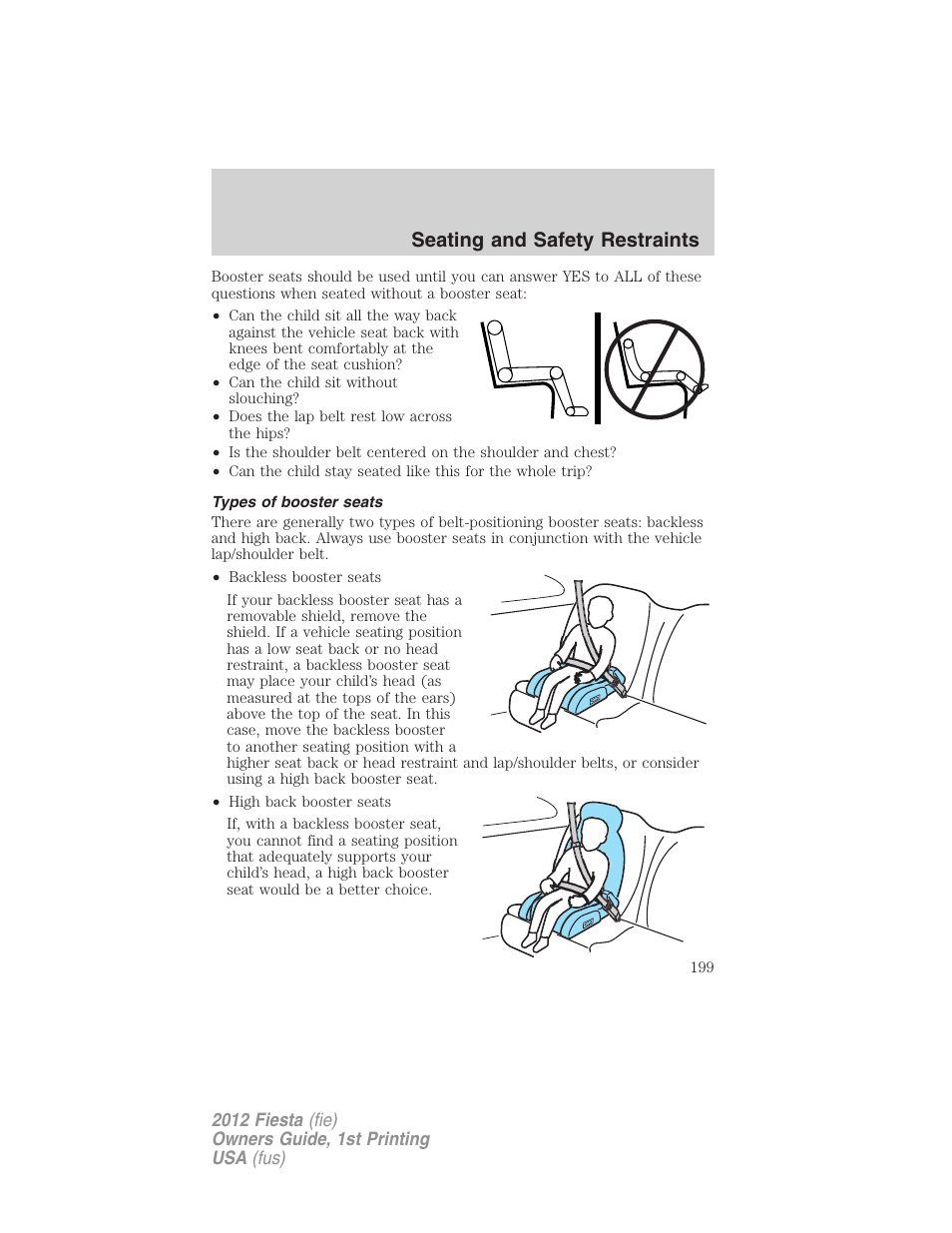 Types of booster seats, Seating and safety restraints | FORD 2012 Fiesta v.1 User Manual | Page 199 / 356
