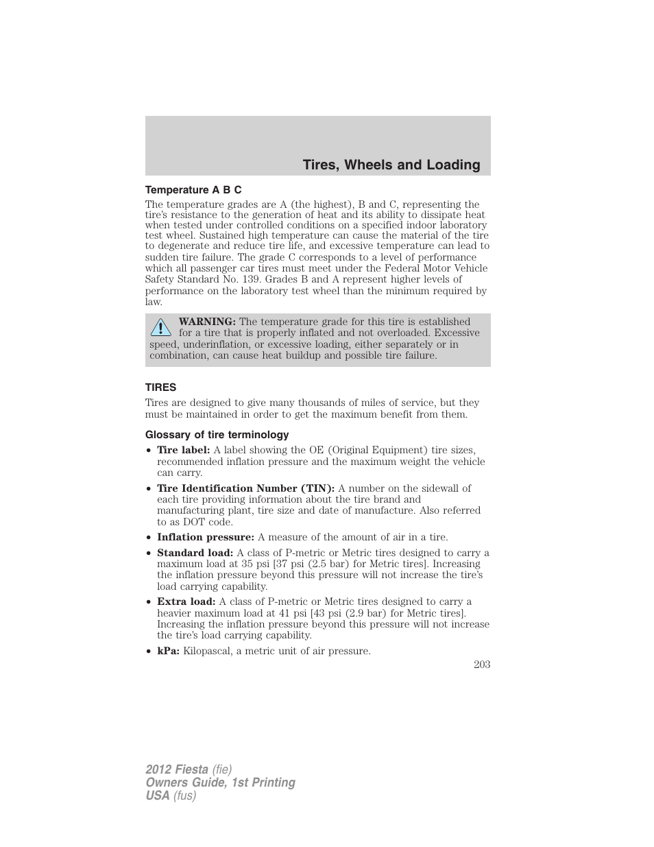 Temperature a b c, Tires, Glossary of tire terminology | Tires, wheels and loading | FORD 2012 Fiesta v.1 User Manual | Page 203 / 356