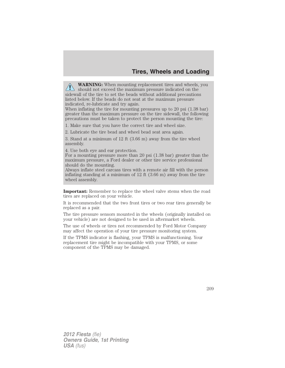 Tires, wheels and loading | FORD 2012 Fiesta v.1 User Manual | Page 209 / 356