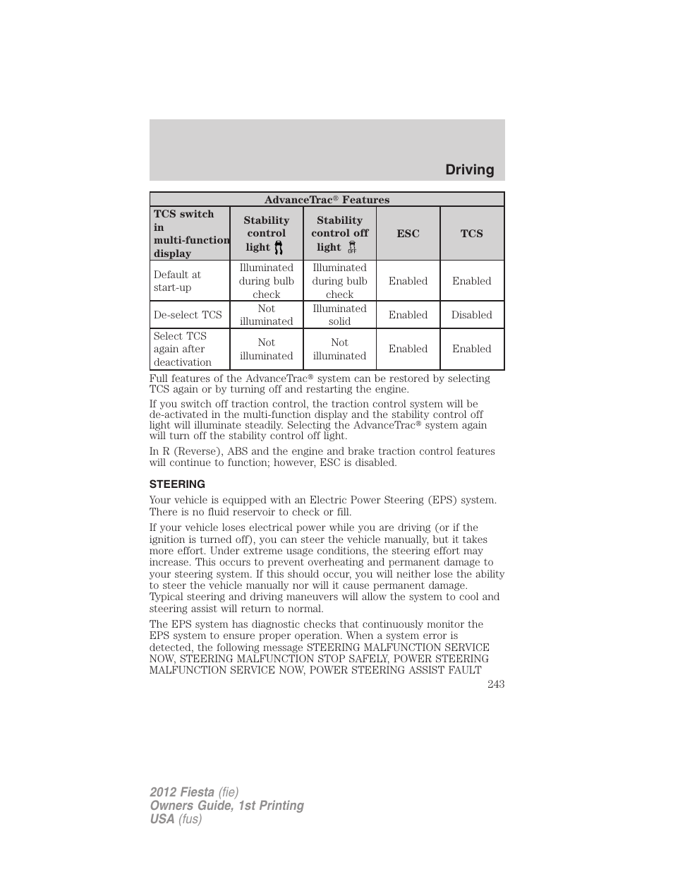 Steering, Driving | FORD 2012 Fiesta v.1 User Manual | Page 243 / 356