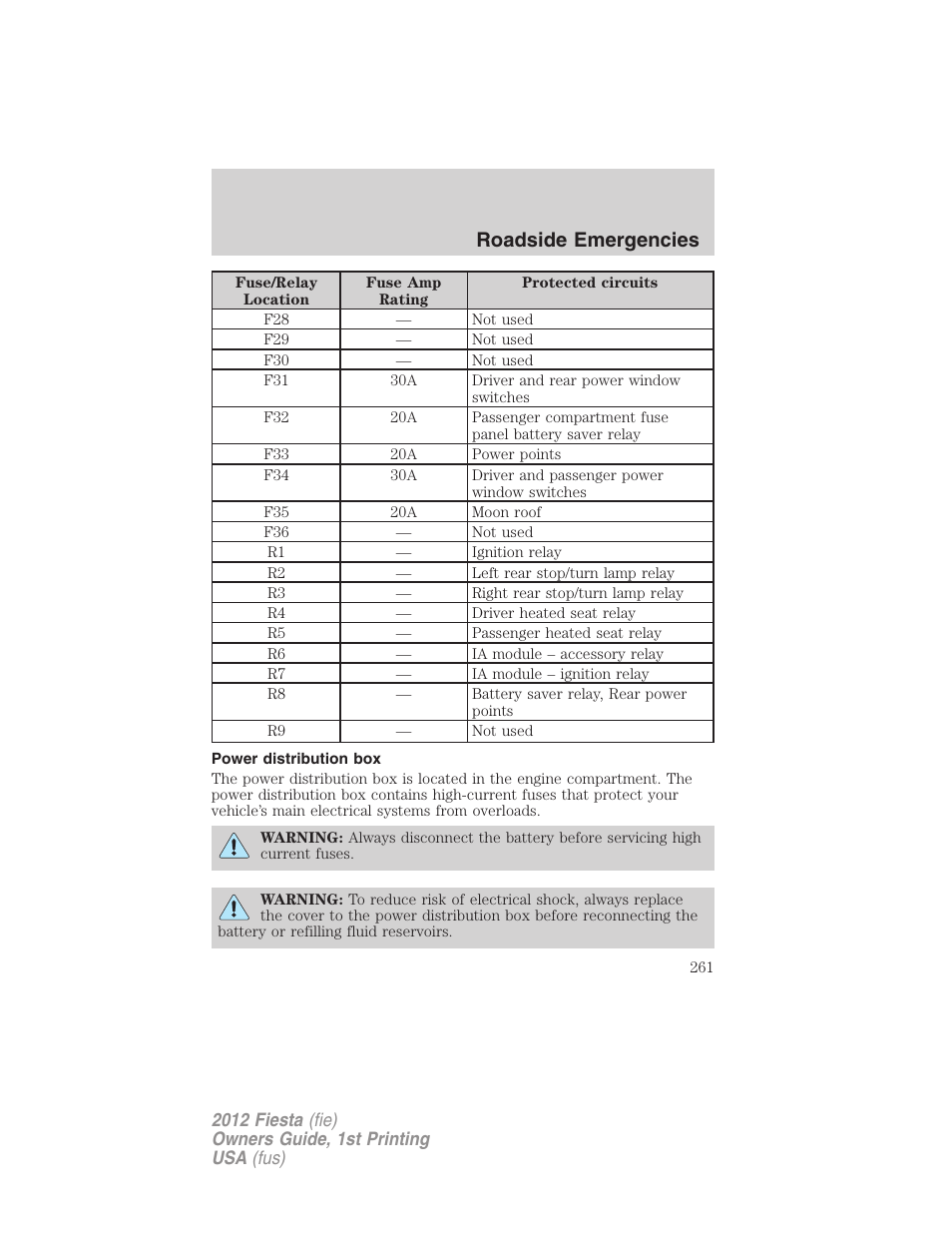 Power distribution box, Roadside emergencies | FORD 2012 Fiesta v.1 User Manual | Page 261 / 356