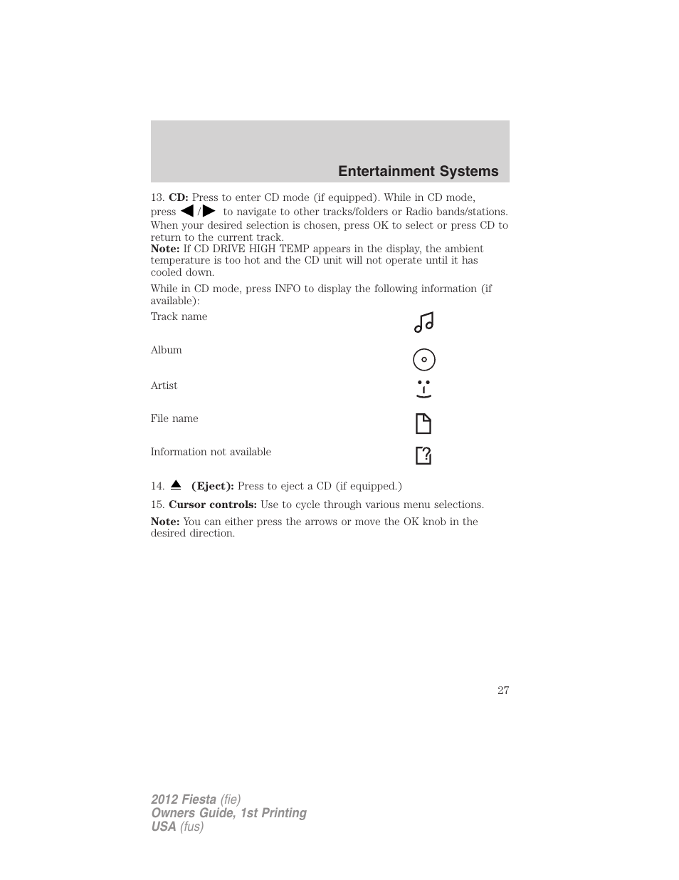 Entertainment systems | FORD 2012 Fiesta v.1 User Manual | Page 27 / 356