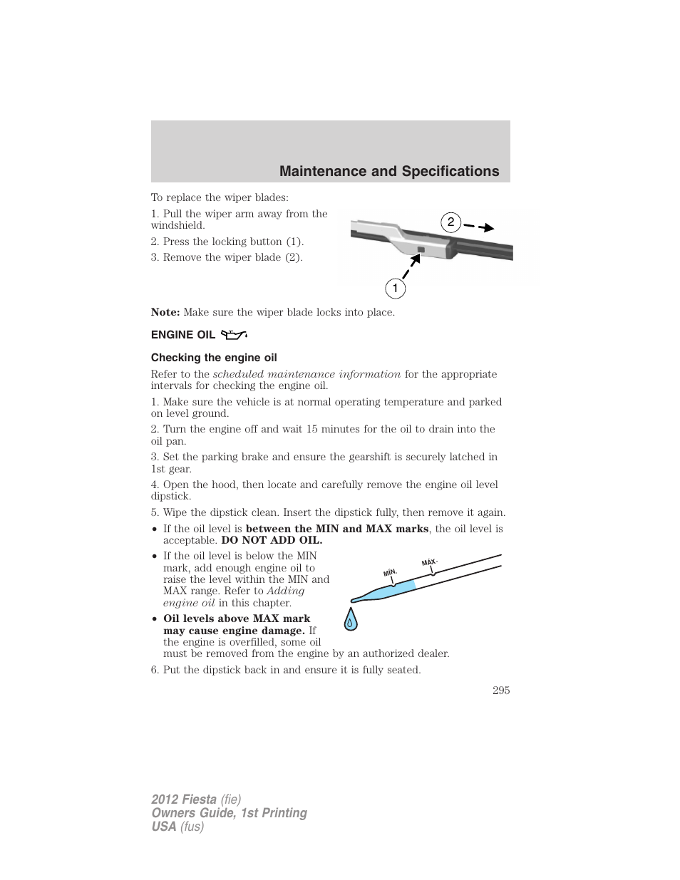 Engine oil, Checking the engine oil, Maintenance and specifications | FORD 2012 Fiesta v.1 User Manual | Page 295 / 356