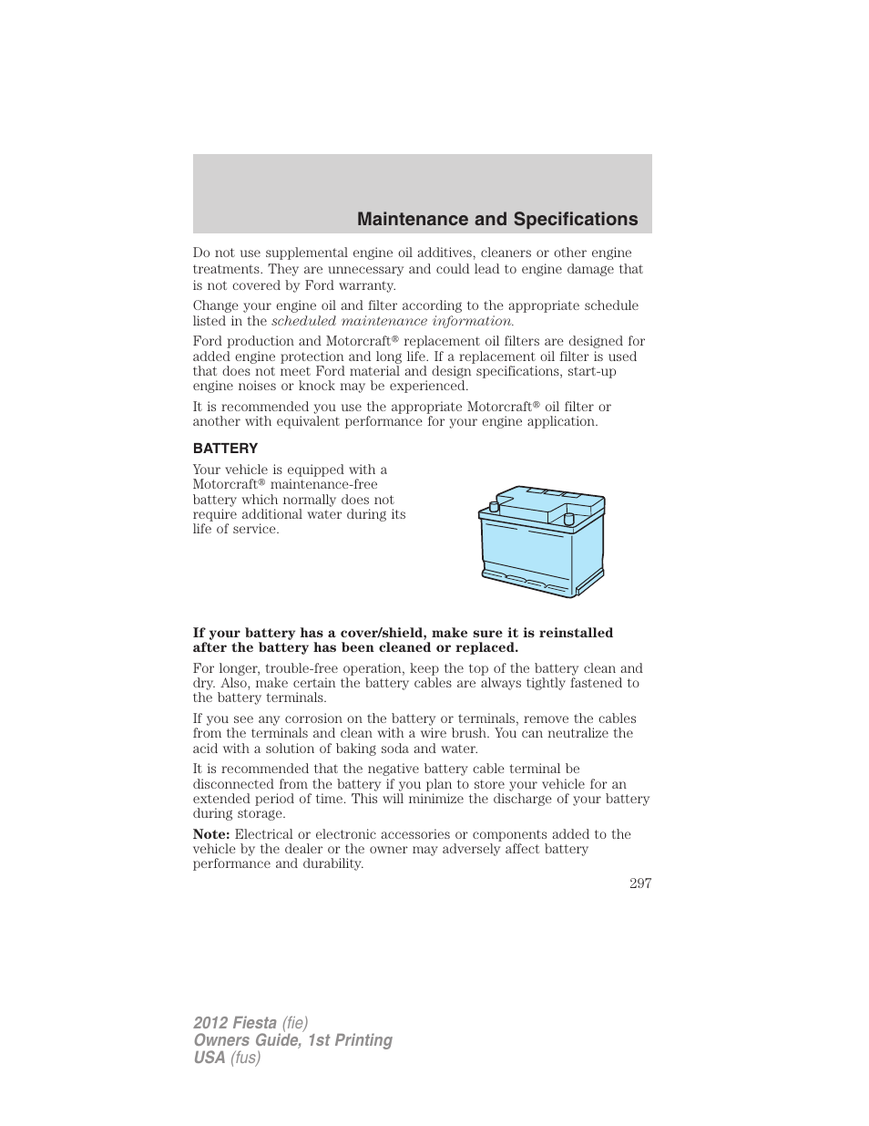 Battery, Maintenance and specifications | FORD 2012 Fiesta v.1 User Manual | Page 297 / 356