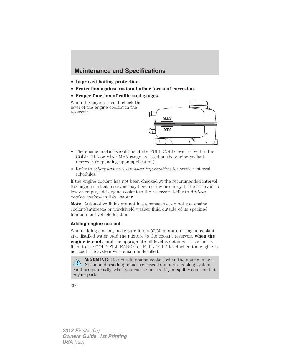 Adding engine coolant, Maintenance and specifications | FORD 2012 Fiesta v.1 User Manual | Page 300 / 356