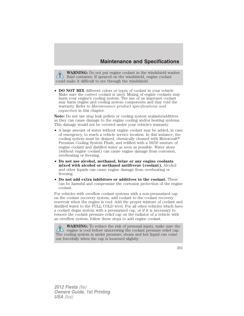 Maintenance and specifications | FORD 2012 Fiesta v.1 User Manual | Page 301 / 356