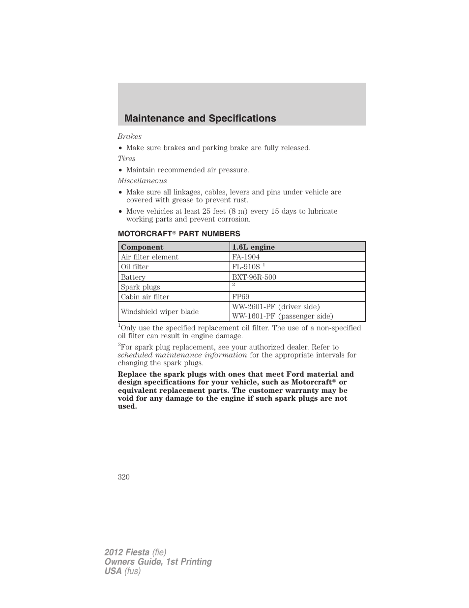 Motorcraft? part numbers, Part numbers, Maintenance and specifications | FORD 2012 Fiesta v.1 User Manual | Page 320 / 356