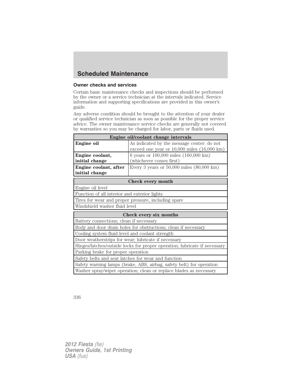 Owner checks and services, Scheduled maintenance | FORD 2012 Fiesta v.1 User Manual | Page 336 / 356