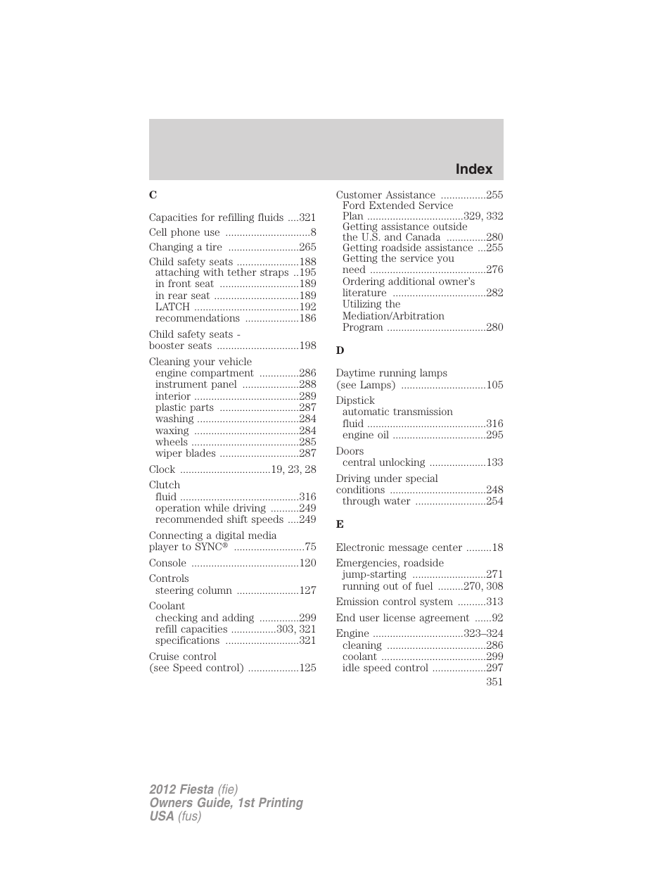 Index | FORD 2012 Fiesta v.1 User Manual | Page 351 / 356