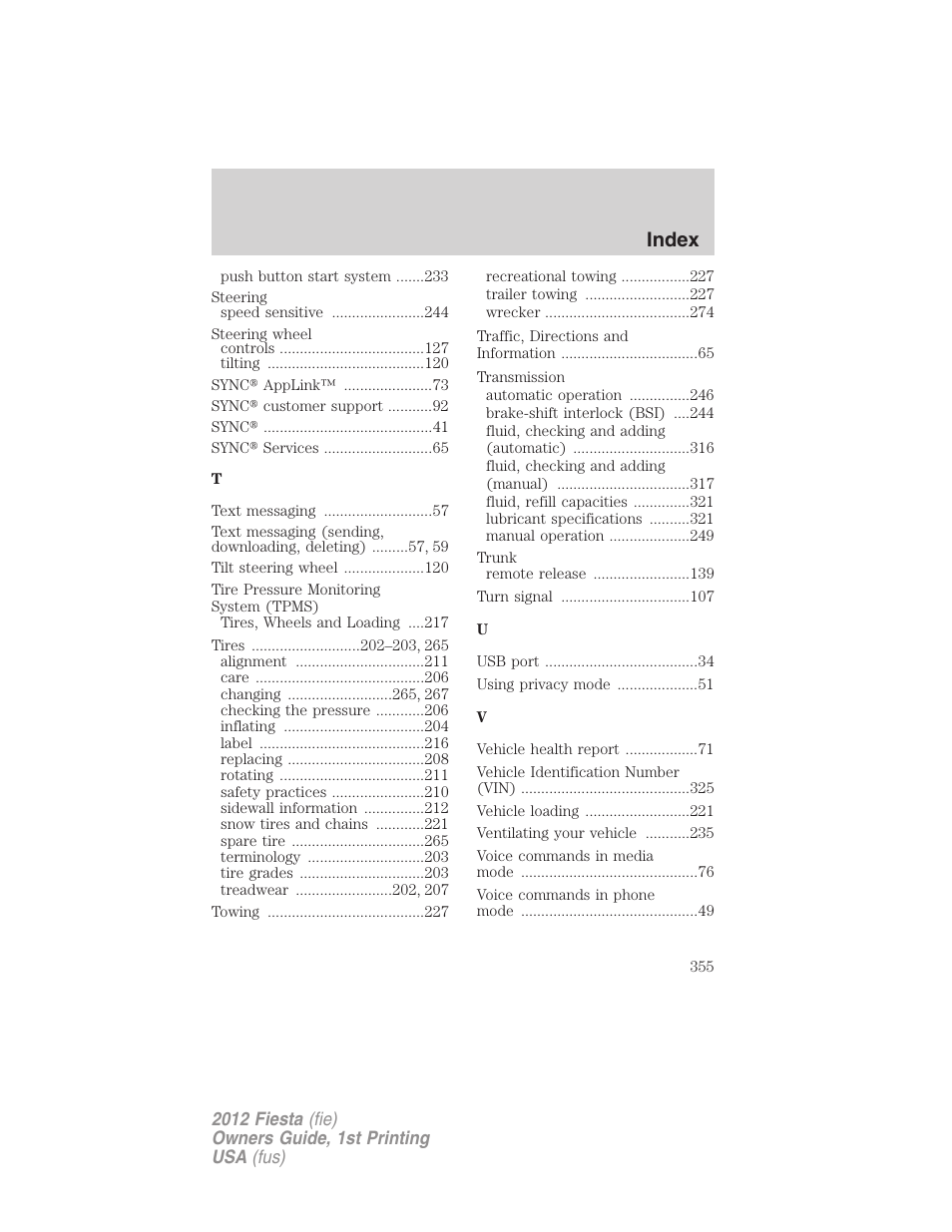 Index | FORD 2012 Fiesta v.1 User Manual | Page 355 / 356