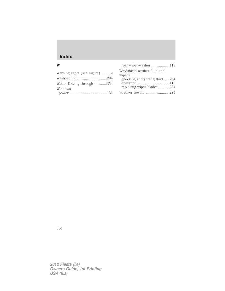 Index | FORD 2012 Fiesta v.1 User Manual | Page 356 / 356