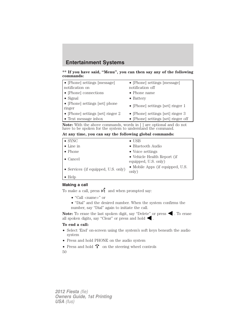 Making a call, Entertainment systems | FORD 2012 Fiesta v.1 User Manual | Page 50 / 356