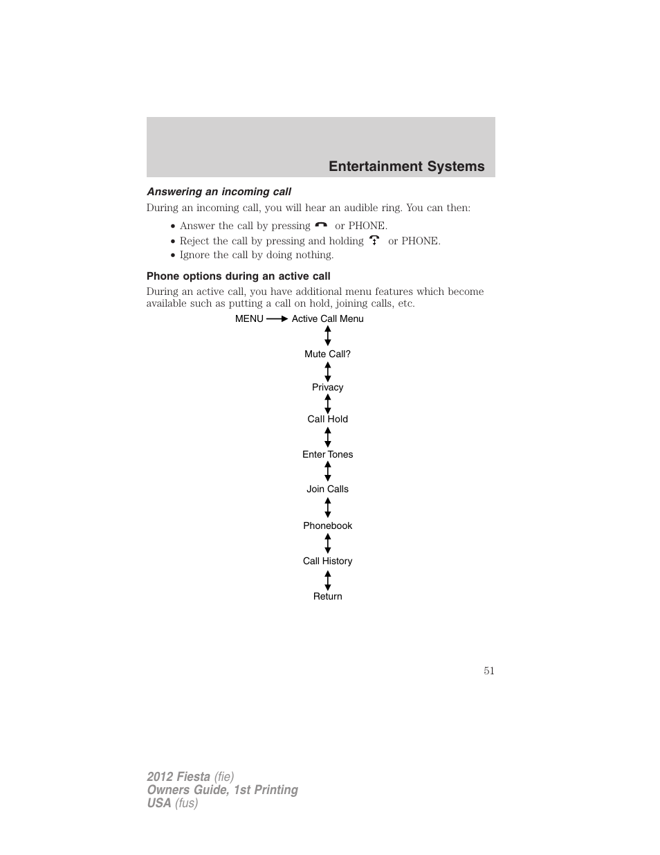 Answering an incoming call, Phone options during an active call, Entertainment systems | FORD 2012 Fiesta v.1 User Manual | Page 51 / 356