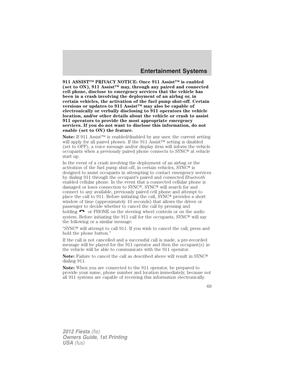 Entertainment systems | FORD 2012 Fiesta v.1 User Manual | Page 69 / 356