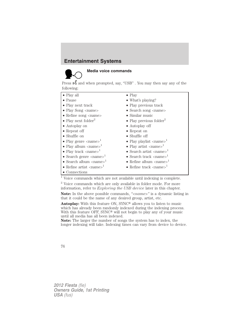 Media voice commands, Entertainment systems | FORD 2012 Fiesta v.1 User Manual | Page 76 / 356