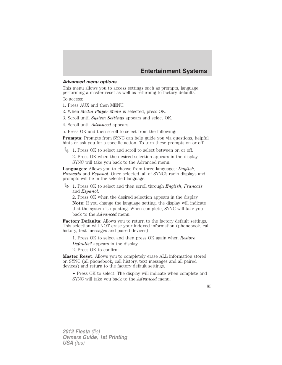 Advanced menu options, Entertainment systems | FORD 2012 Fiesta v.1 User Manual | Page 85 / 356