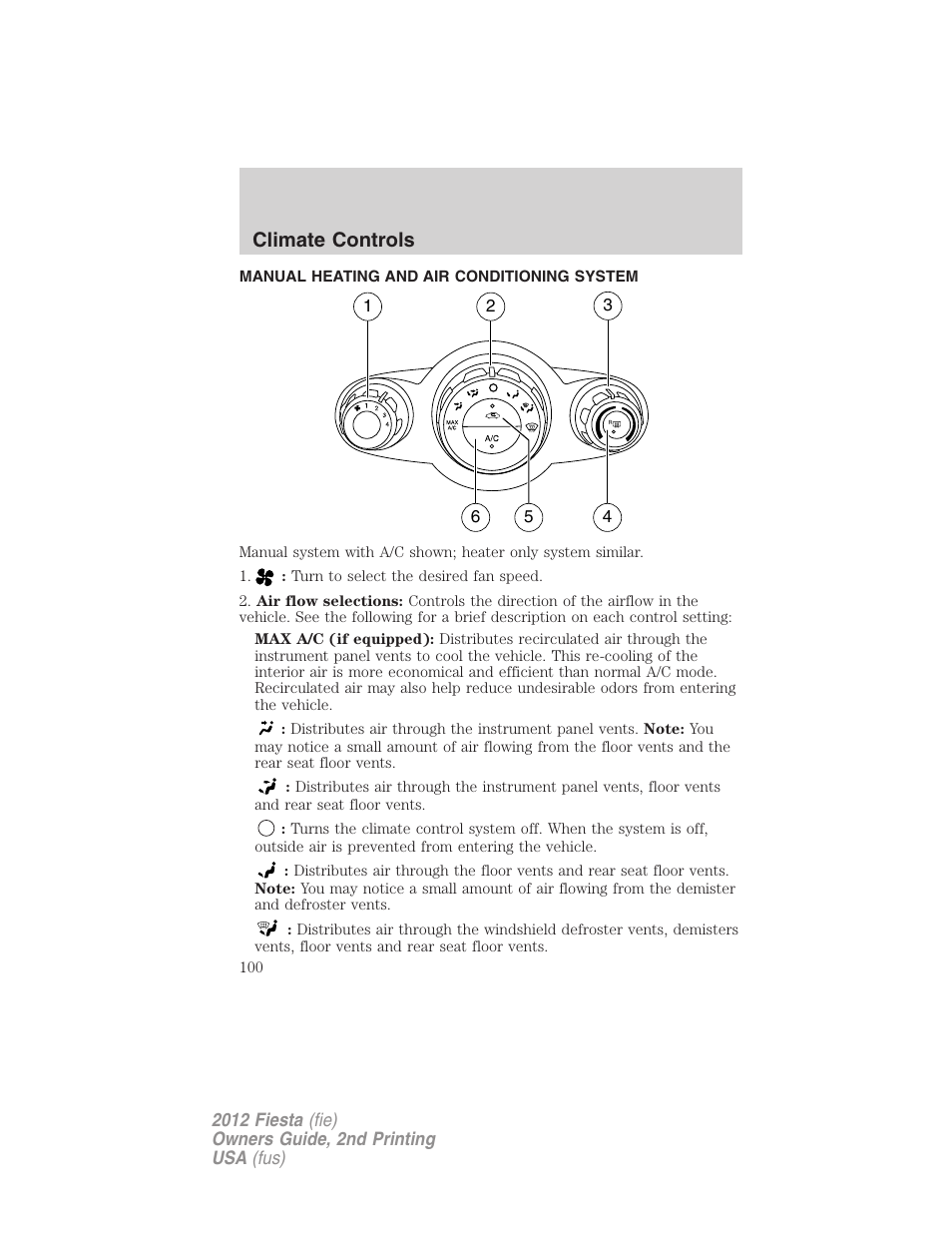 Climate controls, Manual heating and air conditioning system, Manual heating and air conditioning | FORD 2012 Fiesta v.2 User Manual | Page 100 / 356