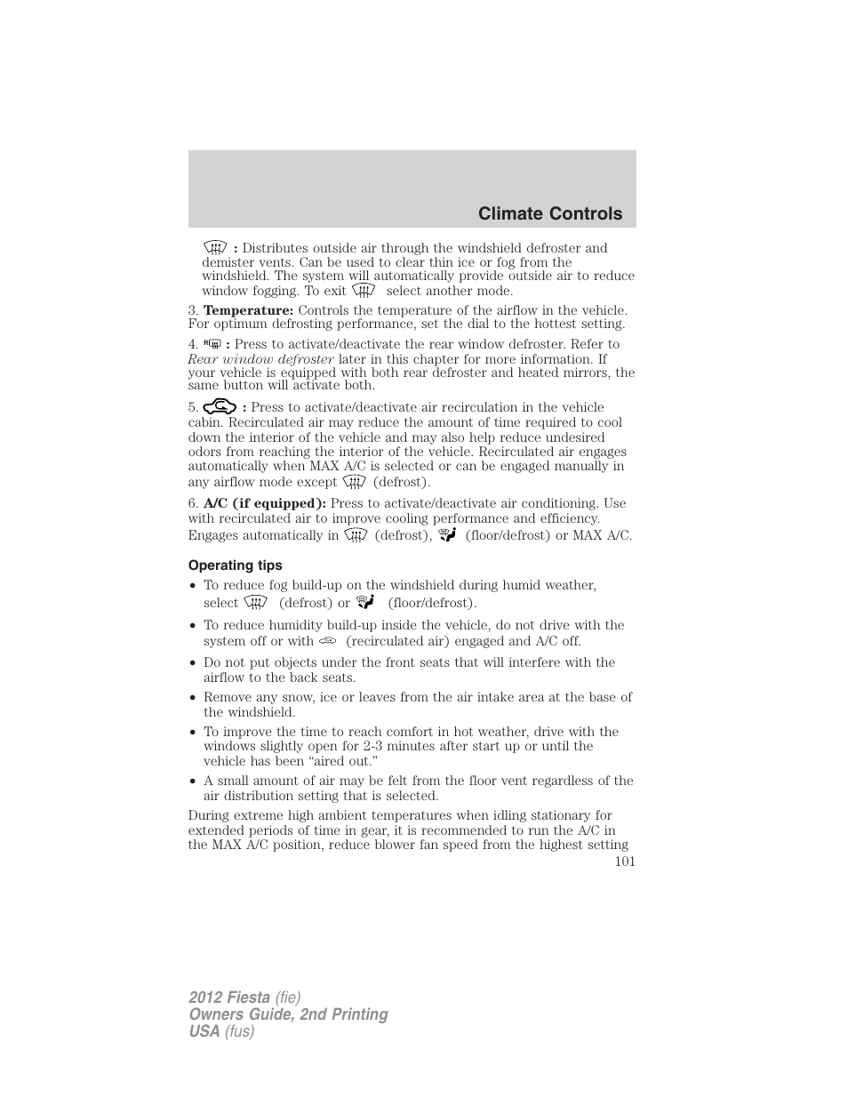 Operating tips, Climate controls | FORD 2012 Fiesta v.2 User Manual | Page 101 / 356
