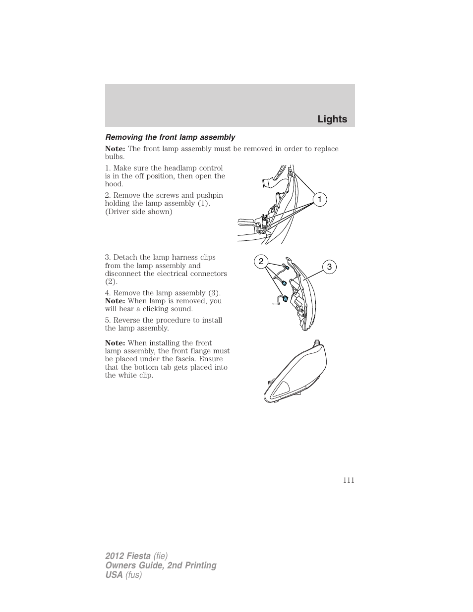Removing the front lamp assembly, Lights | FORD 2012 Fiesta v.2 User Manual | Page 111 / 356